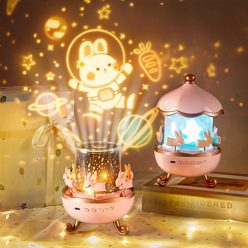 Bunny Carousel Night Lamp Projector with Bluetooth Speaker & 3-Color Ambient Light