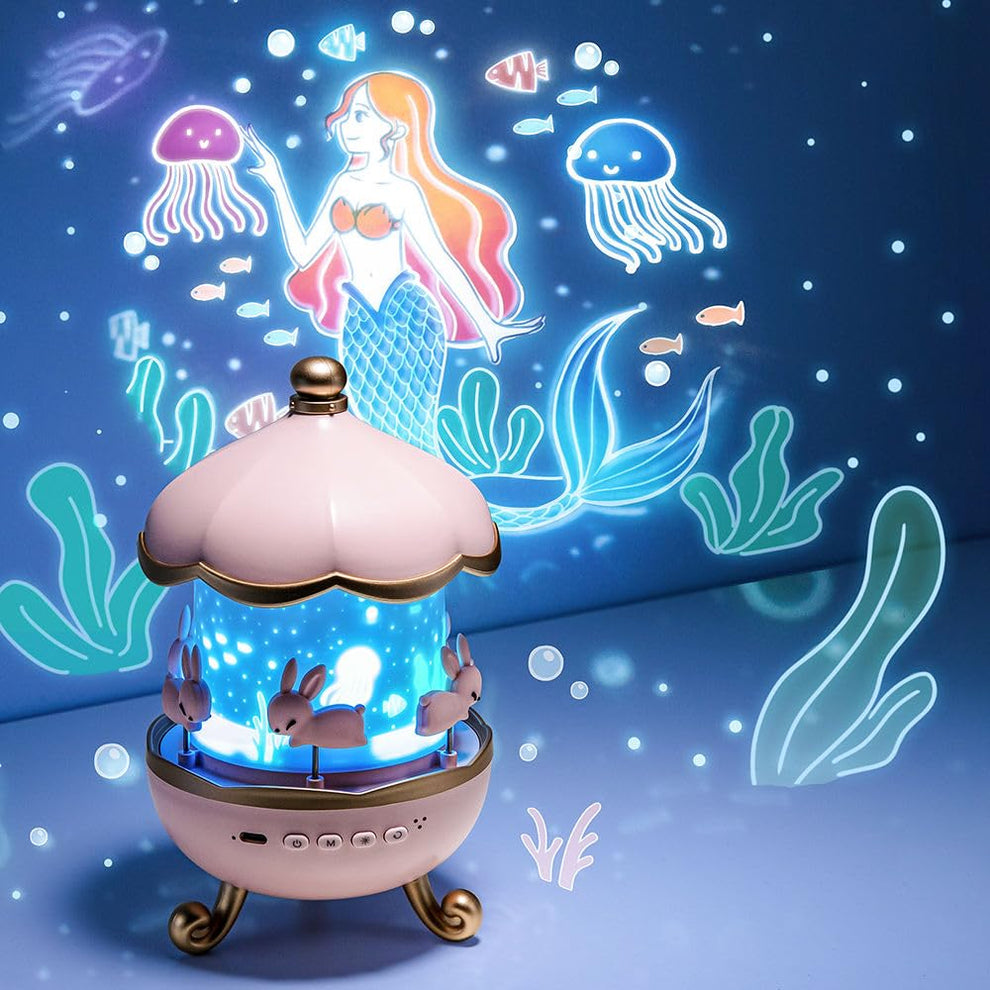 Bunny Carousel Night Lamp Projector with Bluetooth Speaker & 3-Color Ambient Light