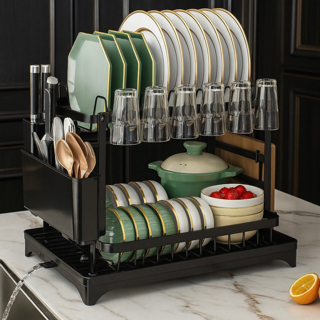 Premium 2 Tier Metal Dish Drying Rack with Utensil Holder