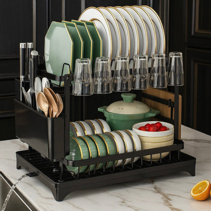 Premium 2 Tier Metal Dish Drying Rack with Utensil Holder