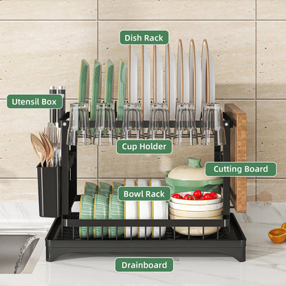 Premium 2 Tier Metal Dish Drying Rack with Utensil Holder