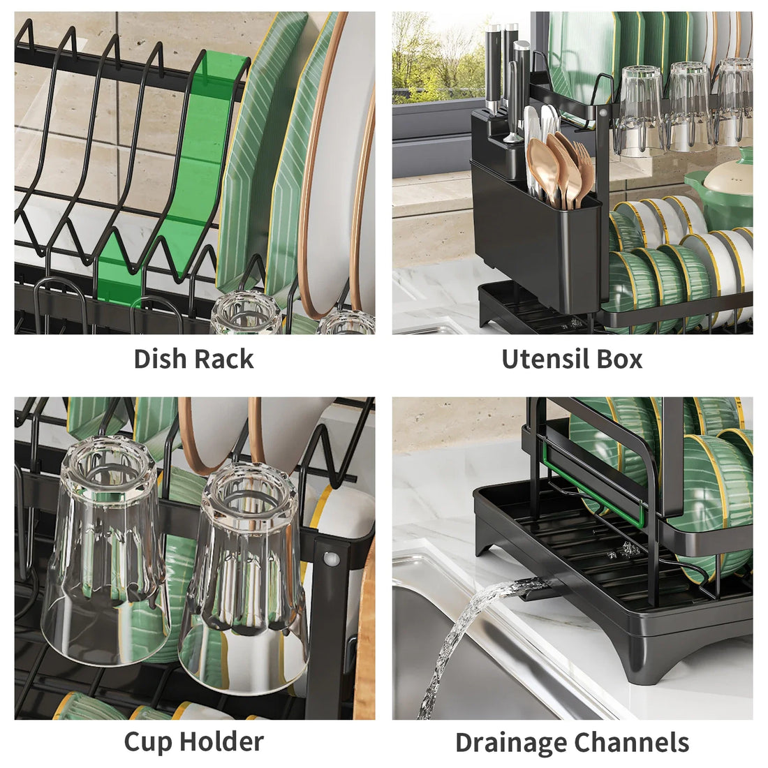 Premium 2 Tier Metal Dish Drying Rack with Utensil Holder