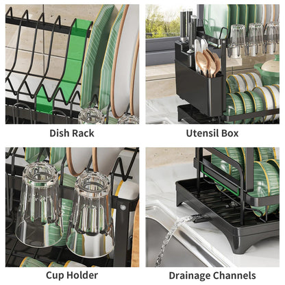 Premium 2 Tier Metal Dish Drying Rack with Utensil Holder