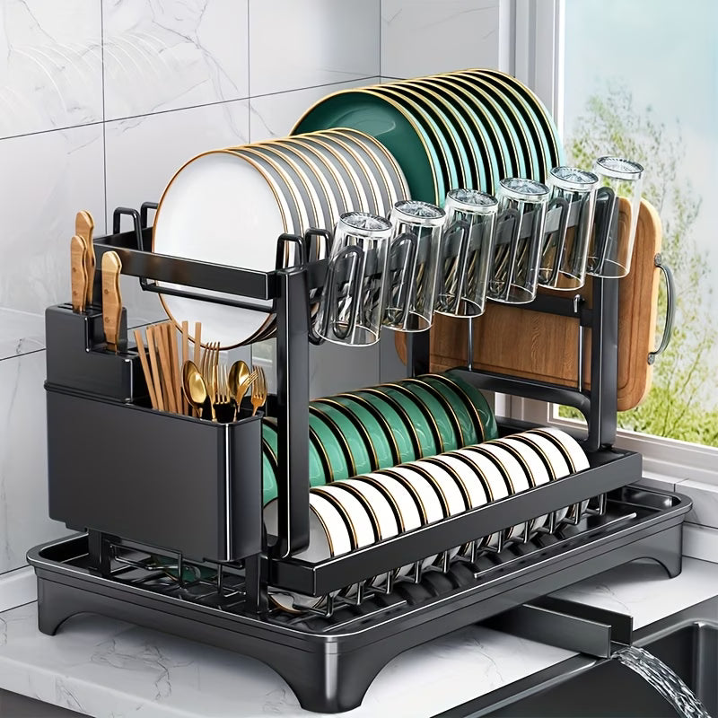 Premium 2 Tier Metal Dish Drying Rack with Utensil Holder